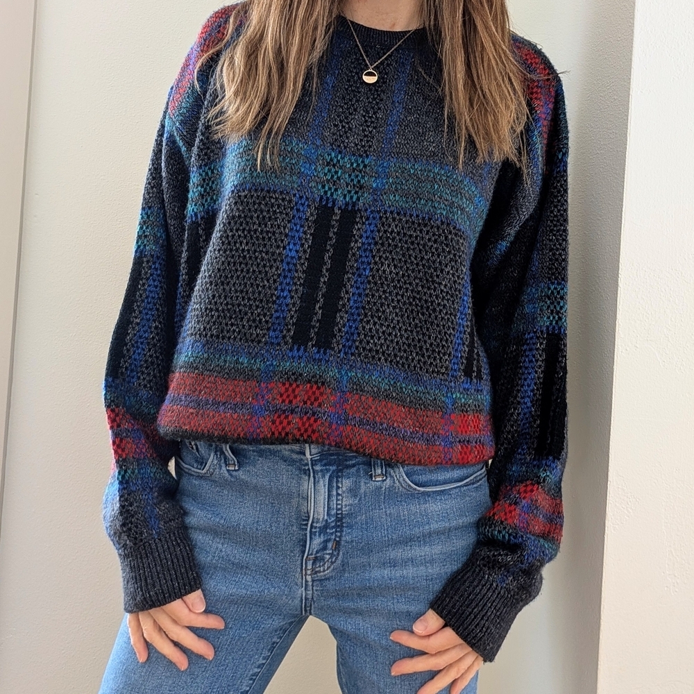 Vintage 90's Plaid Geometric Crewneck Sweater In Gray/Red